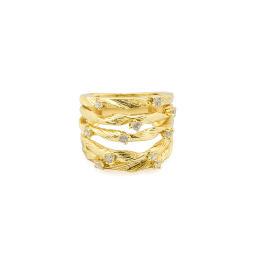 Multi Layer Textured Gold Finish Ring for Women with Crystal Highlights | Stylish Statement Fashion Jewelry for Party, Wedding, Daily Wear