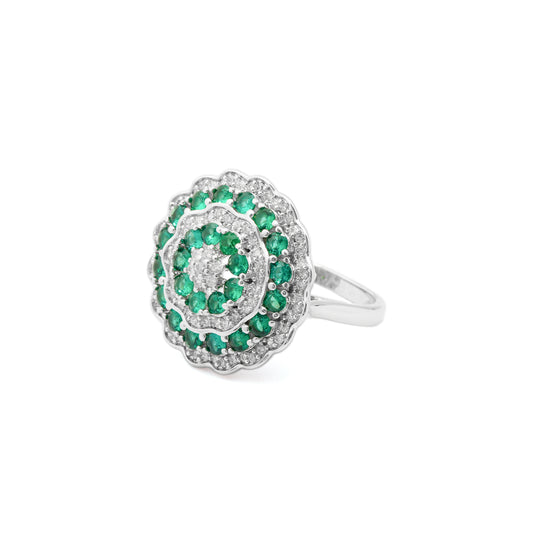 Circular Design Silver Finish Ring for Women with Green and White Crystal Layers | Elegant Statement Fashion Jewelry for Party, Wedding, Daily Wear