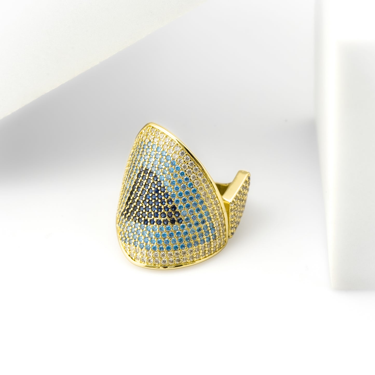 Mystic Eye Shield Triangular Design Gold Finish Ring for Women with Multicolor Crystal Detailing | Stylish Statement Fashion Jewelry for Party, Wedding, Daily Wear