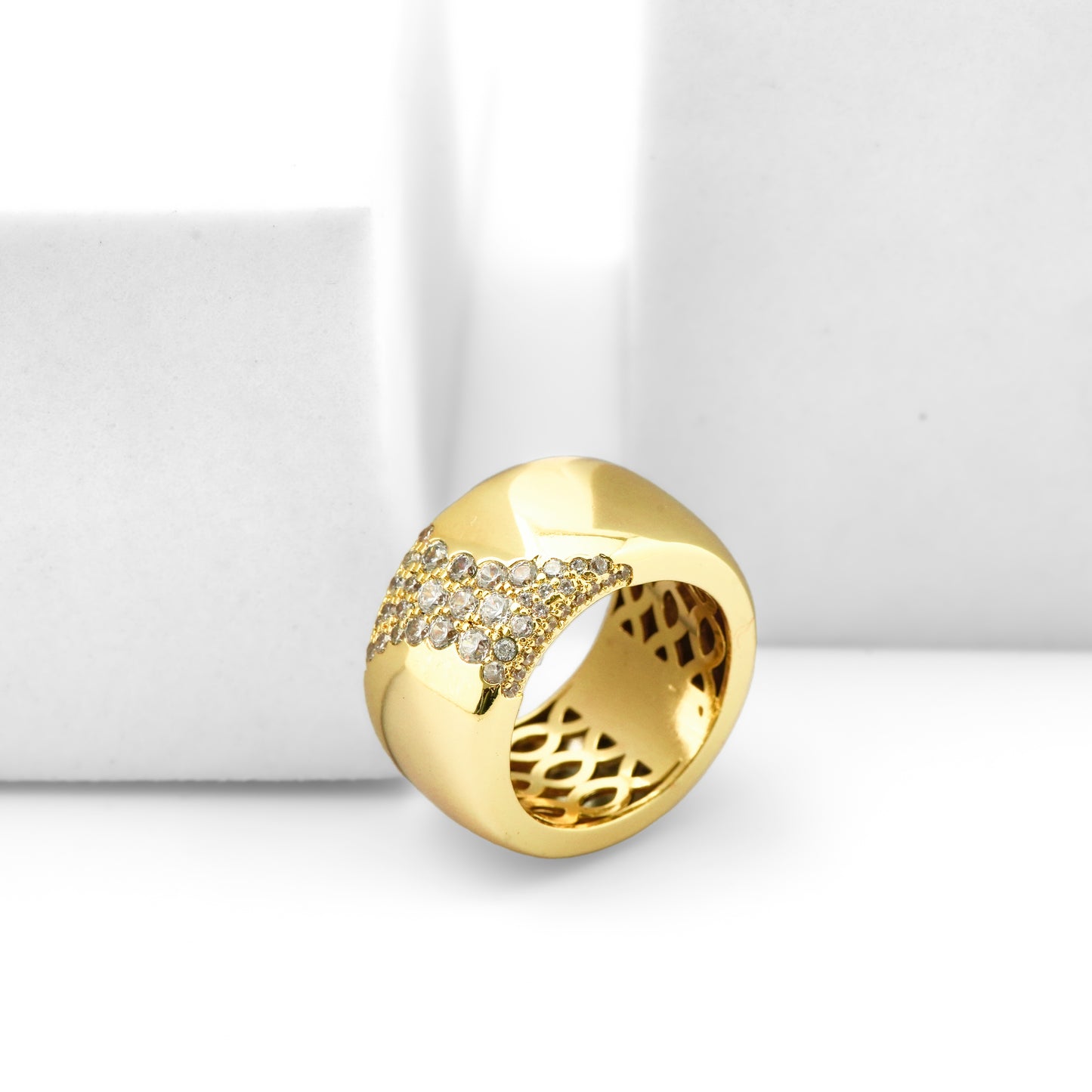 Broad Band Gold Finish Ring for Women with Crystal Studded Wave Design | Elegant Statement Fashion Jewelry for Party, Wedding, Daily Wear