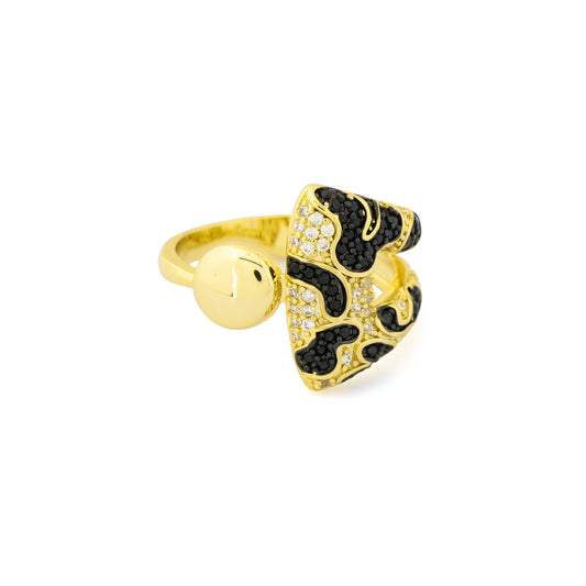 Cheetah Print Shield Design Ring for Women in Gold Finish with Black Enamel and Crystal Detailing | Stylish Statement Fashion Jewelry for Party, Wedding, Daily Wear