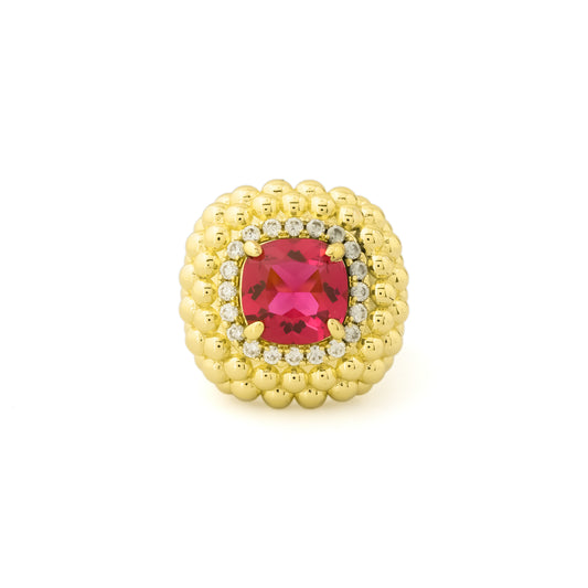 Red Stone Beaded Border Ring for Women in Gold Finish | Stylish Statement Fashion Jewelry for Party, Wedding, Daily Wear
