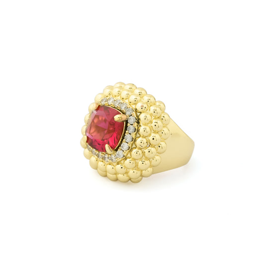 Red Stone Beaded Border Ring for Women in Gold Finish | Stylish Statement Fashion Jewelry for Party, Wedding, Daily Wear