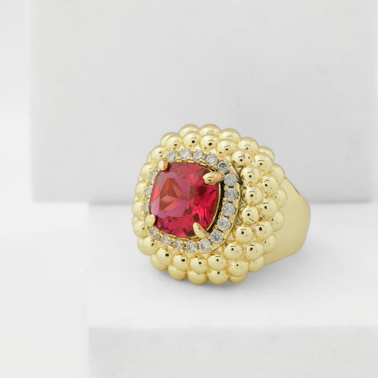 Red Stone Beaded Border Ring for Women in Gold Finish | Stylish Statement Fashion Jewelry for Party, Wedding, Daily Wear
