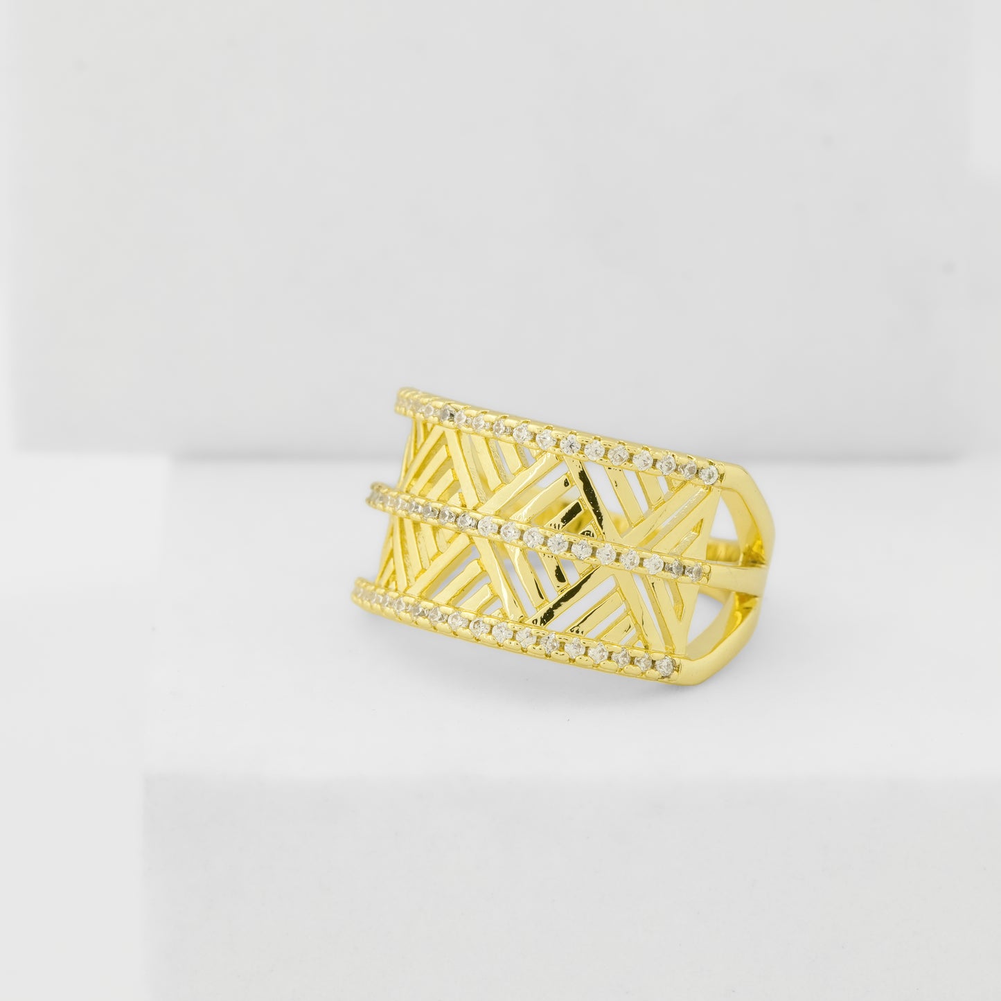 Geometric Pattern Gold Finish Ring for Women with Crystal Detailing | Stylish Statement Fashion Jewelry for Party, Wedding and Daily Wear