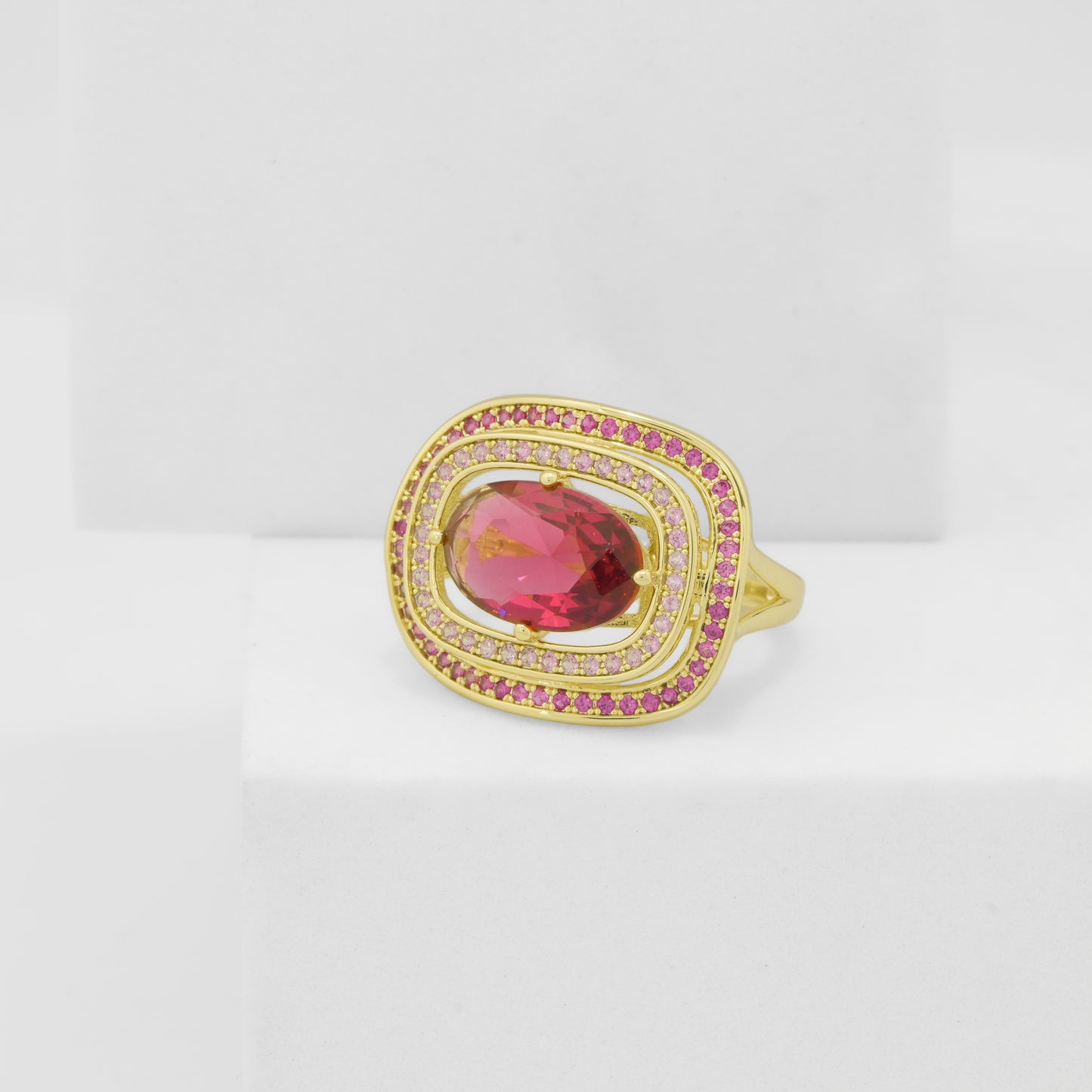 Gold Plated Pink Stone Ring for Women with Oval Design and Double Studded Border | Stylish Fashion Jewelry for Party, Wedding and Daily Wear