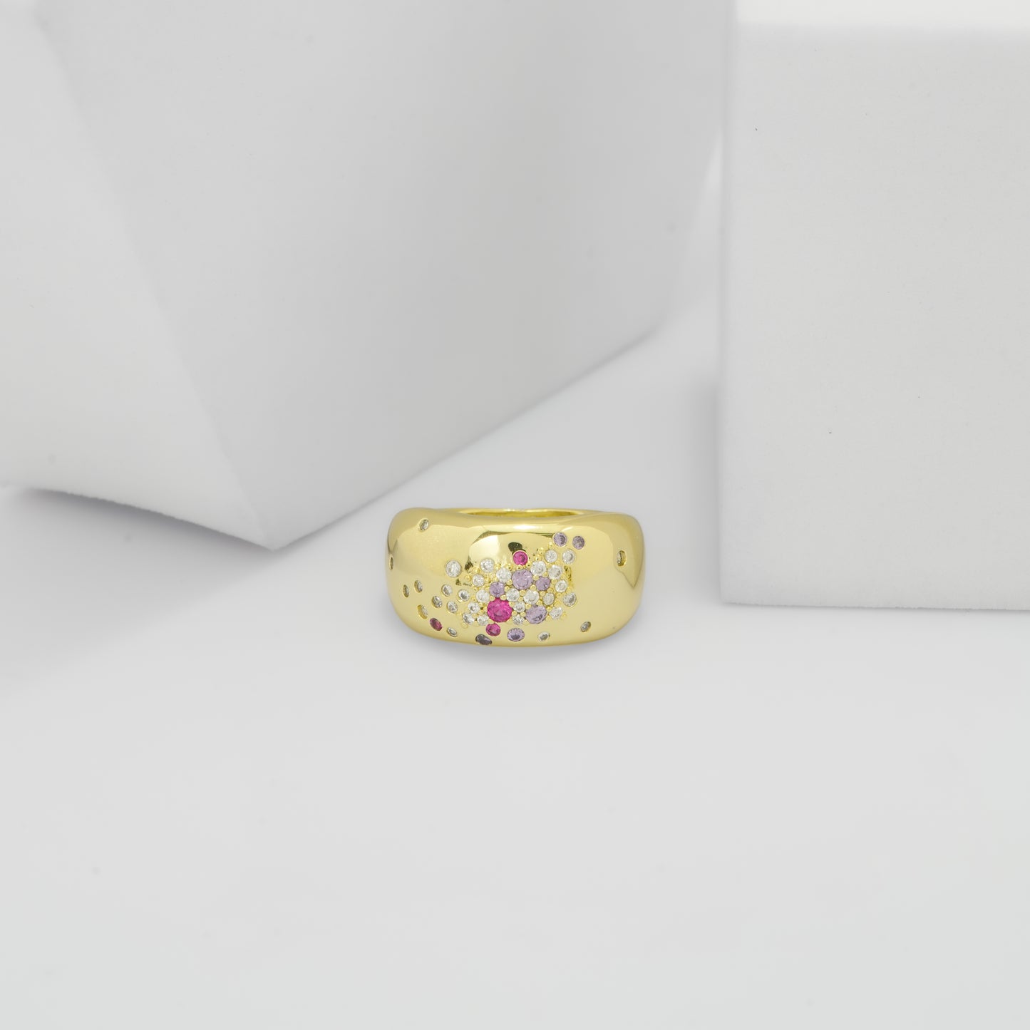 Gold Plated Broad Band Ring for Women with Multicolor Stone Floral Cluster Design | Trendy Fashion Jewelry for Party, Wedding and Daily Wear