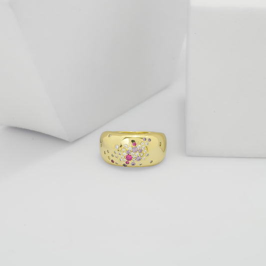 Gold Plated Broad Band Ring for Women with Multicolor Stone Floral Cluster Design | Trendy Fashion Jewelry for Party, Wedding and Daily Wear