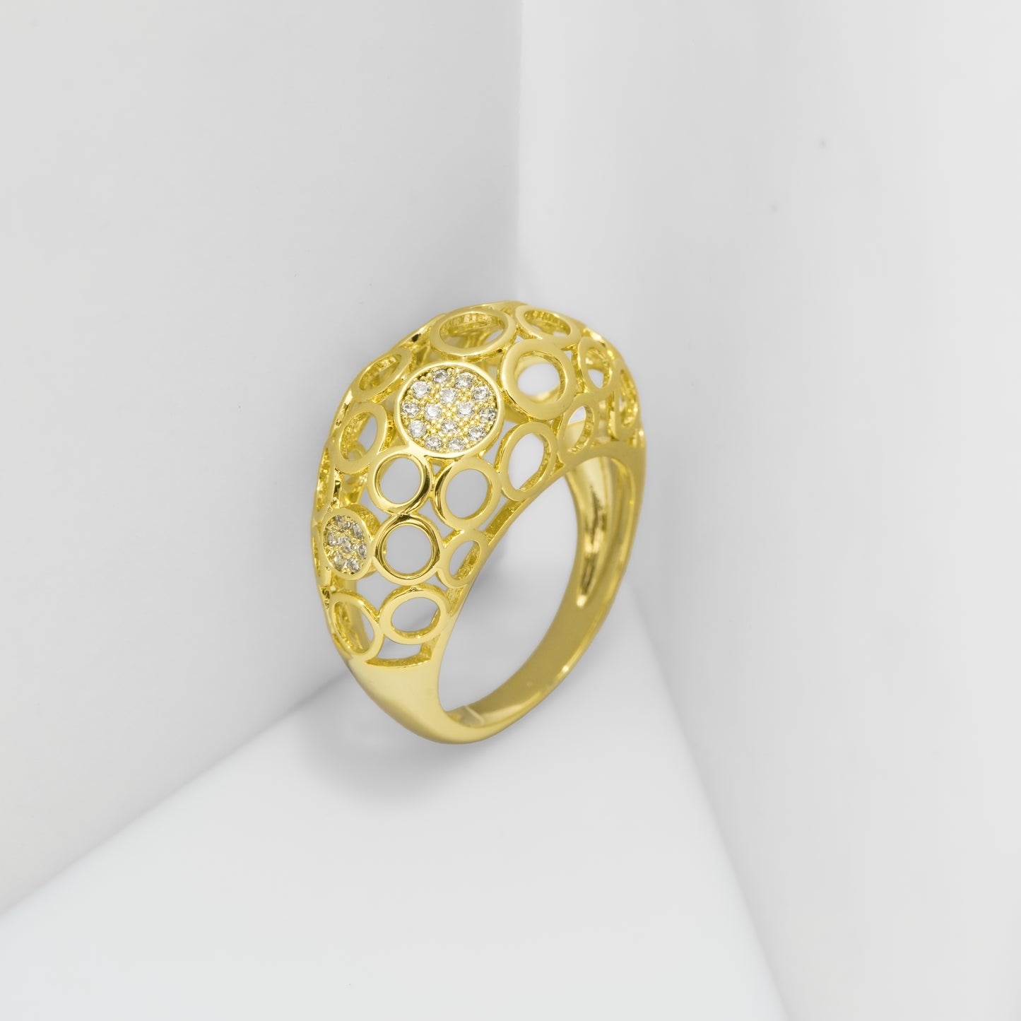 Golden Bubble Pave Hollow Cutout Designer Ring for Women with Crystal Studded Round Detailing in Gold Finish | Stylish Fashion Jewelry for Party, Wedding and Daily Wear