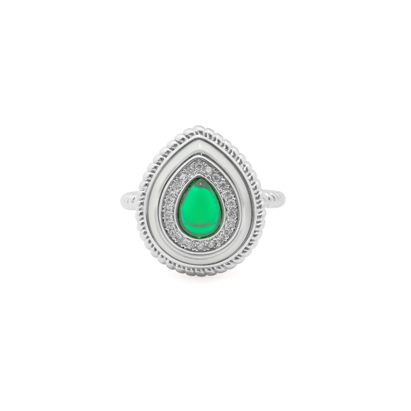 Pear Shaped Green Stone Ring for Women with Silver Finish and Crystal Studded Double Border | Fashion Jewelry for Party, Wedding and Daily Wear