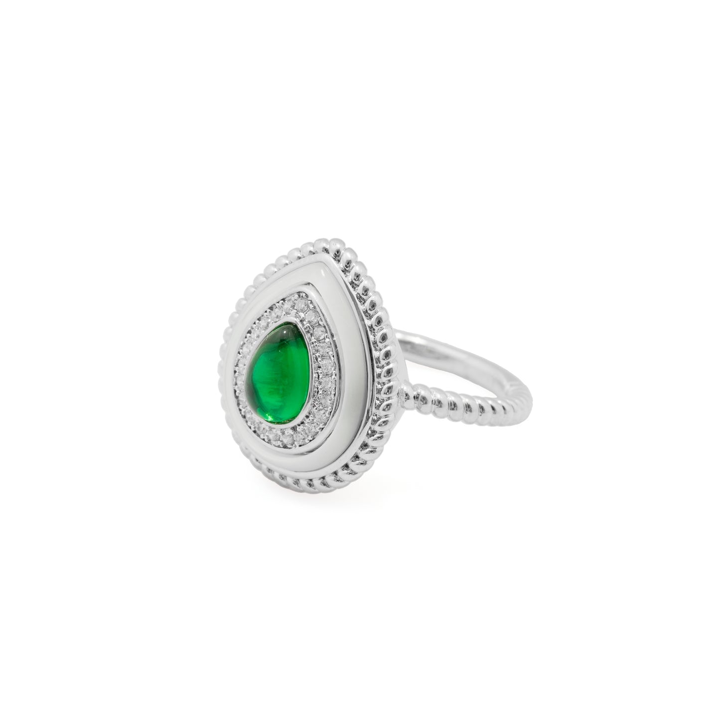 Pear Shaped Green Stone Ring for Women with Silver Finish and Crystal Studded Double Border | Fashion Jewelry for Party, Wedding and Daily Wear