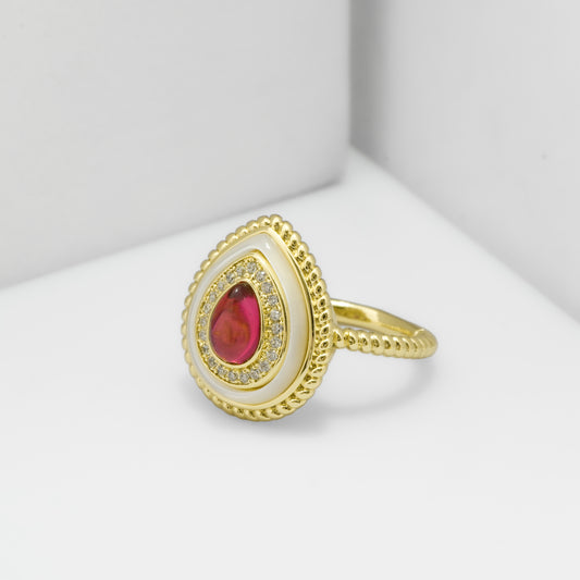 Pear Shaped Red Stone Ring for Women with Gold Finish and Crystal Studded Border | Stylish Fashion Jewelry for Party, Wedding and Daily Wear