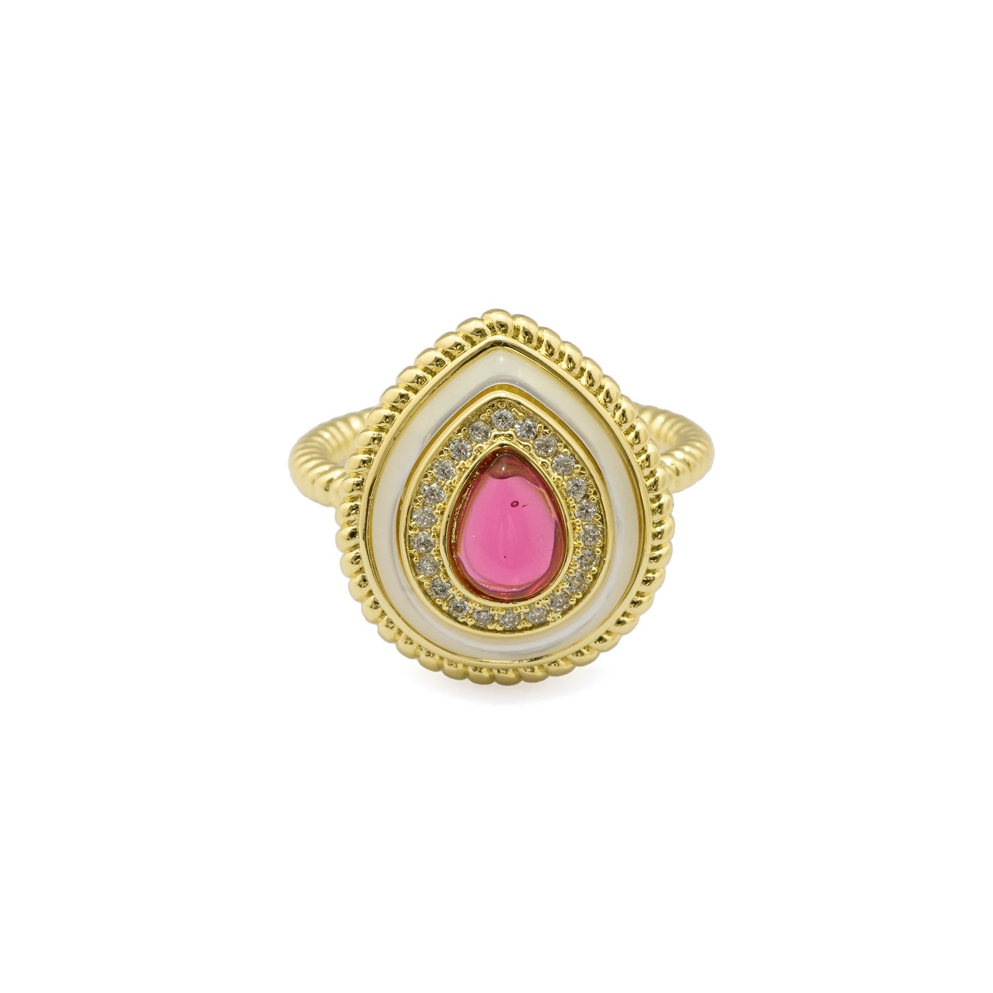Pear Shaped Red Stone Ring for Women with Gold Finish and Crystal Studded Border | Stylish Fashion Jewelry for Party, Wedding and Daily Wear