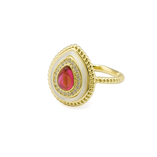 Pear Shaped Red Stone Ring for Women with Gold Finish and Crystal Studded Border | Stylish Fashion Jewelry for Party, Wedding and Daily Wear