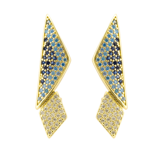 Gold-Plated Geometric Drop Earrings with Gradient Blue and White Diamond-Like Accents for Bold Contemporary Style