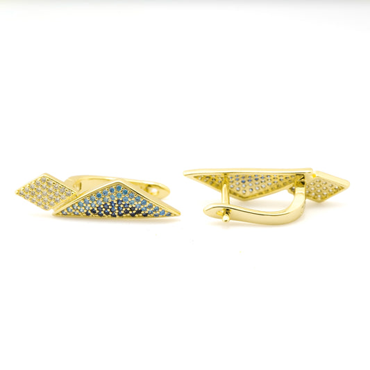 Gold-Plated Geometric Drop Earrings with Gradient Blue and White Diamond-Like Accents for Bold Contemporary Style