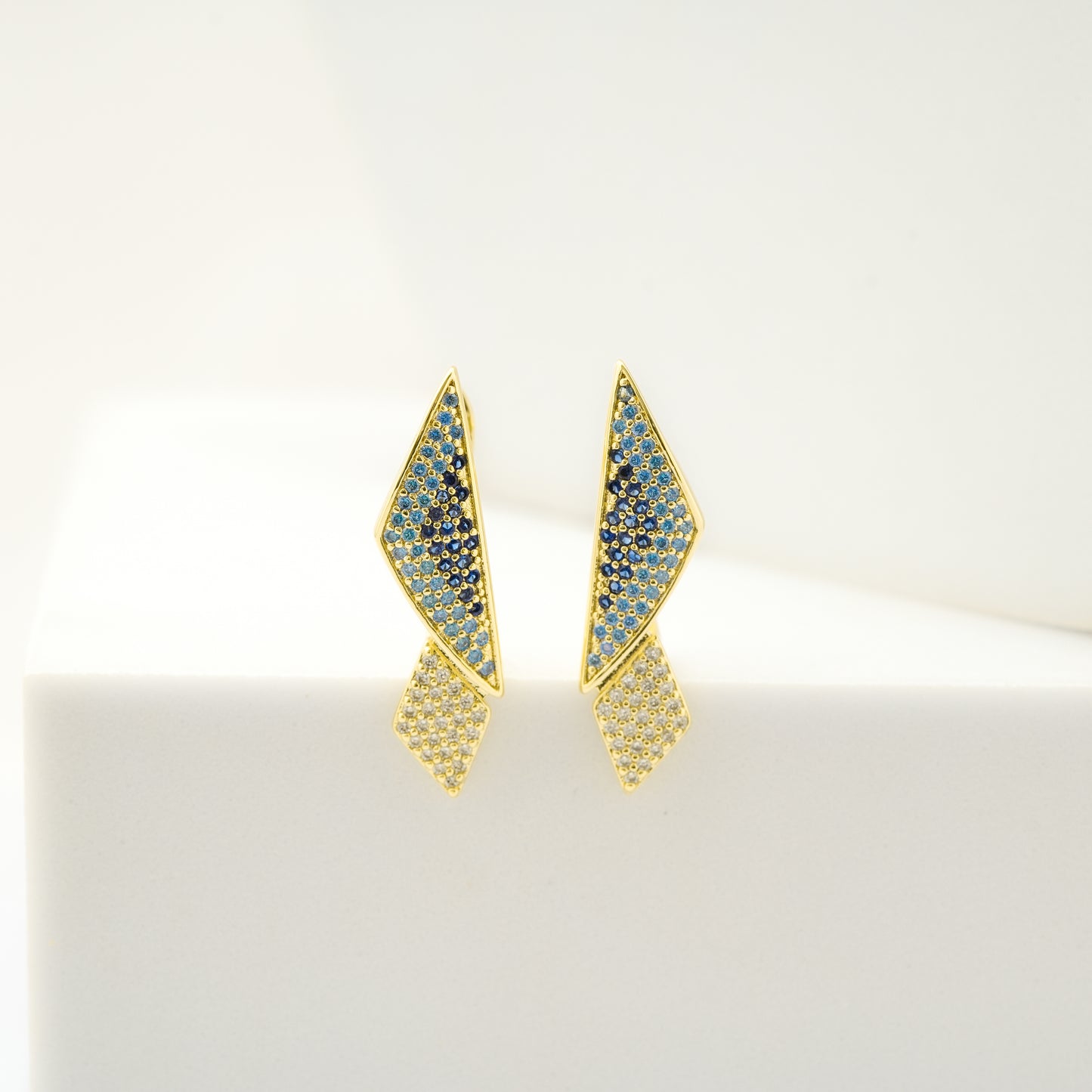 Gold-Plated Geometric Drop Earrings with Gradient Blue and White Diamond-Like Accents for Bold Contemporary Style
