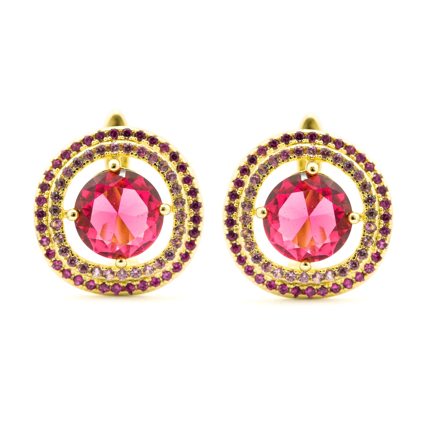 Radiant Gold-Plated Circular Stud Earrings with Dual Halo of Ruby Red Accents and Central Pink Gemstone for Elegant Statement Style