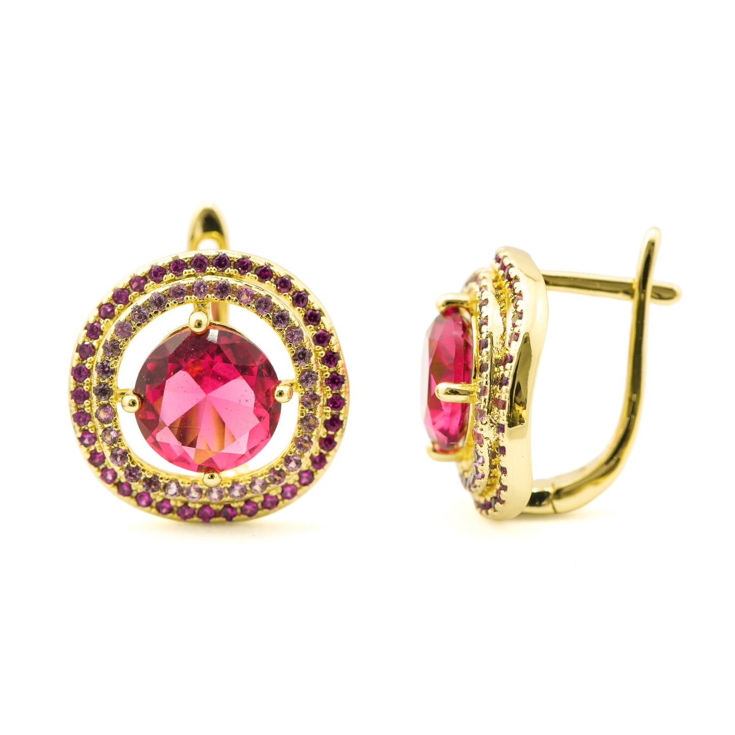 Radiant Gold-Plated Circular Stud Earrings with Dual Halo of Ruby Red Accents and Central Pink Gemstone for Elegant Statement Style