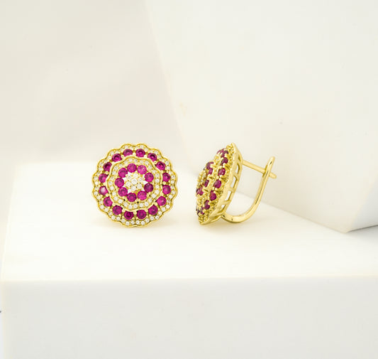 Traditional Gold-Plated Ruby & Diamond-Like Stud Earrings with Floral Halo Design