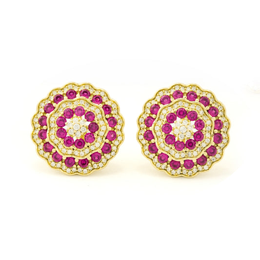 Traditional Gold-Plated Ruby & Diamond-Like Stud Earrings with Floral Halo Design