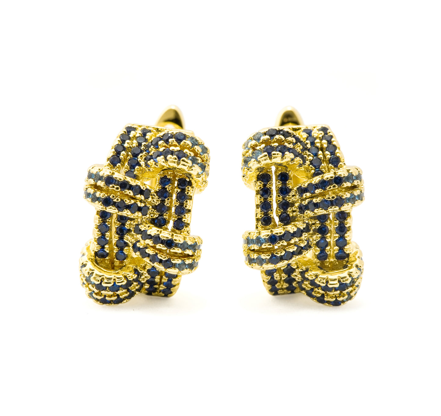 Gold-Plated Interwoven Hoop Earrings with Sapphire Blue Crystal Accents for Statement Luxury