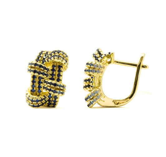 Gold-Plated Interwoven Hoop Earrings with Sapphire Blue Crystal Accents for Statement Luxury