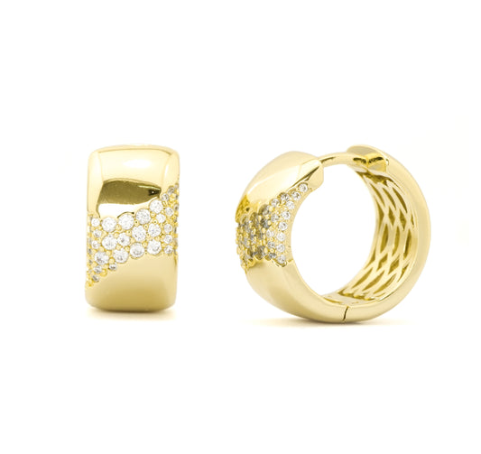 Polished Gold-Plated Wide Hoop Earrings with Diamond-Like Pave Accents for Everyday Elegance