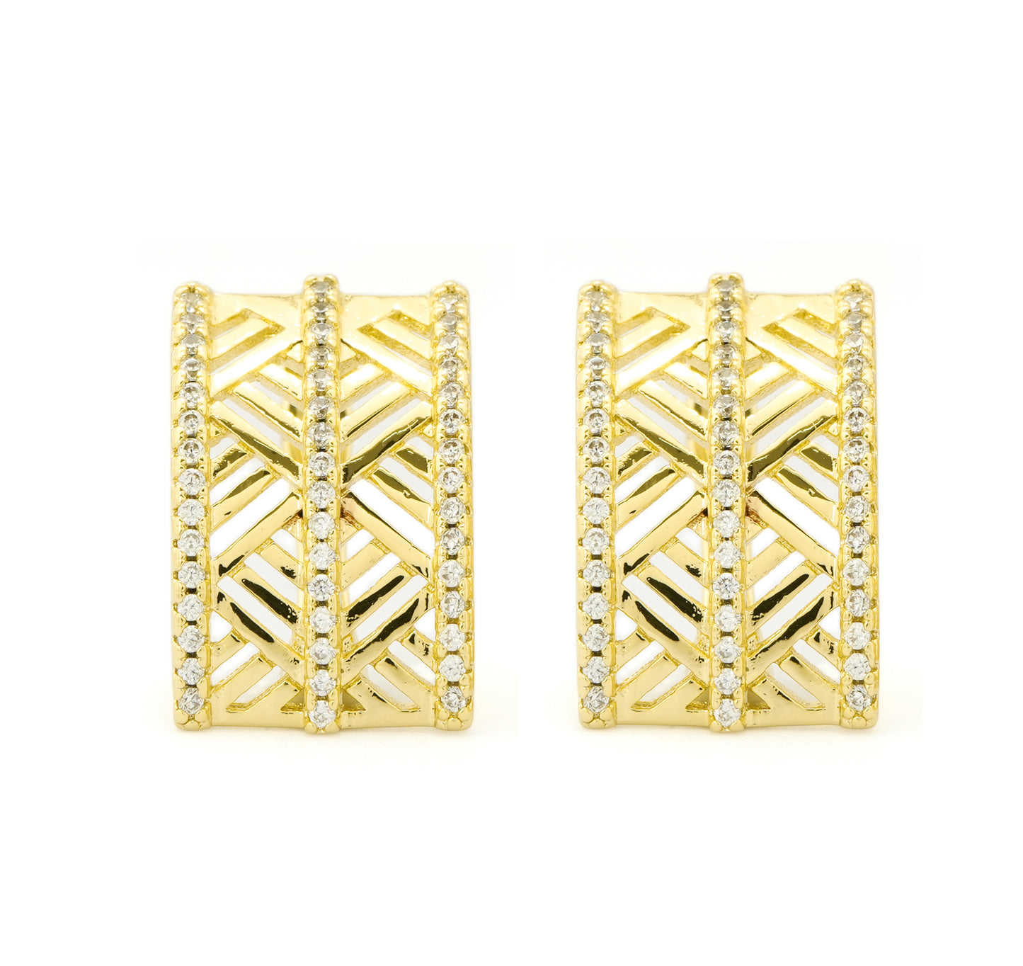Gold-Plated Geometric Lattice Earrings with Diamond-Accented Borders for Modern Luxe Appeal