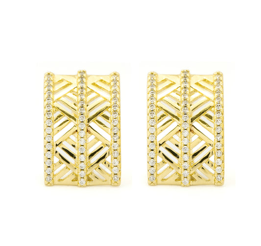 Gold-Plated Geometric Lattice Earrings with Diamond-Accented Borders for Modern Luxe Appeal