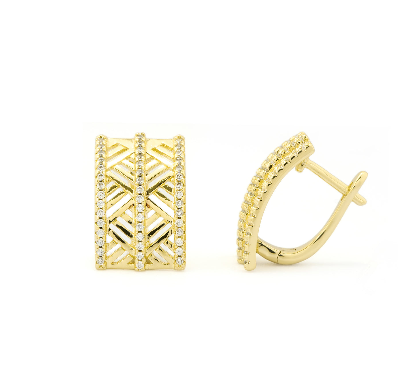 Gold-Plated Geometric Lattice Earrings with Diamond-Accented Borders for Modern Luxe Appeal