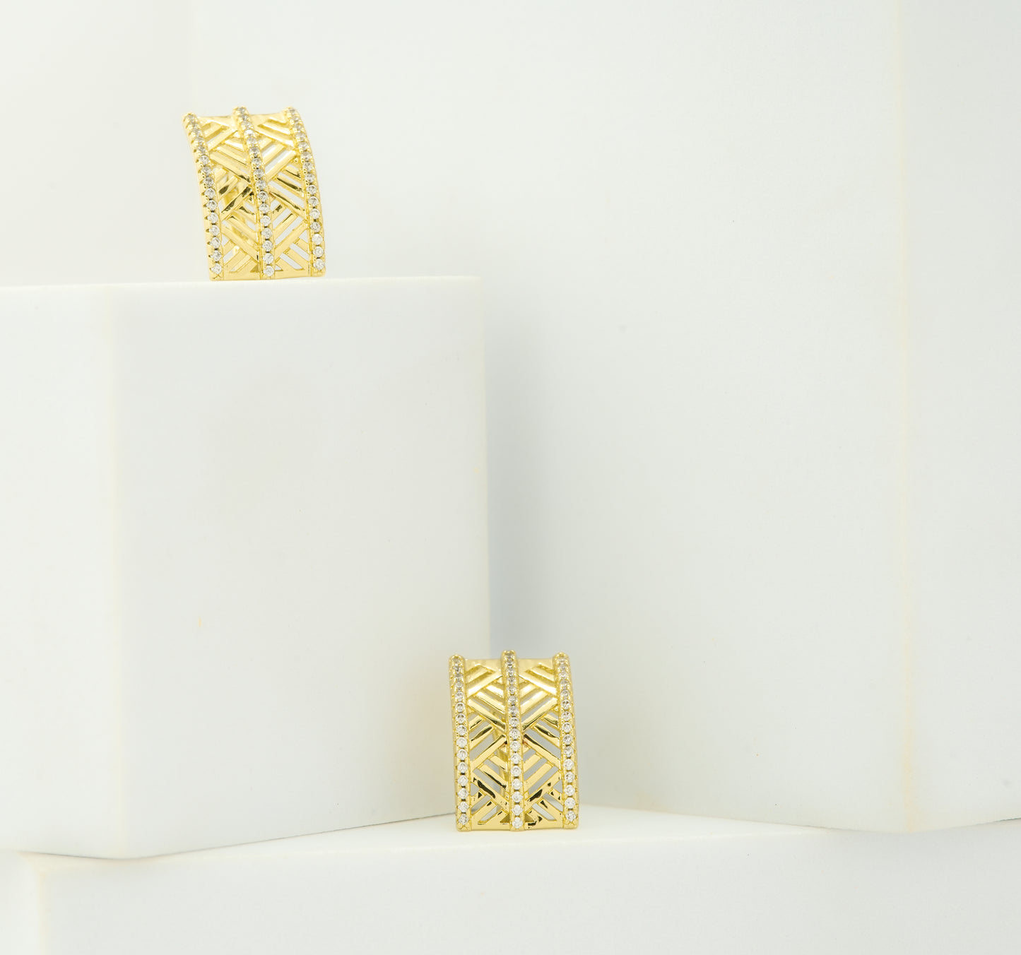 Gold-Plated Geometric Lattice Earrings with Diamond-Accented Borders for Modern Luxe Appeal