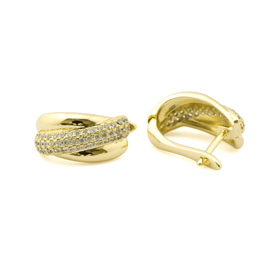 Contemporary Gold-Plated Hoop Earrings with Diamond-Like Pavé Crossover Detailing for Sophisticated Glamour