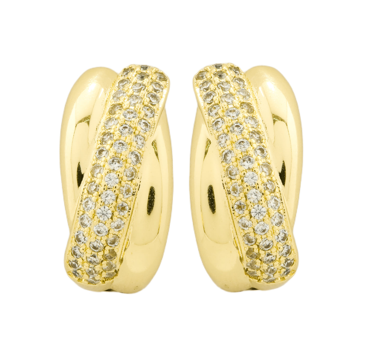 Contemporary Gold-Plated Hoop Earrings with Diamond-Like Pavé Crossover Detailing for Sophisticated Glamour