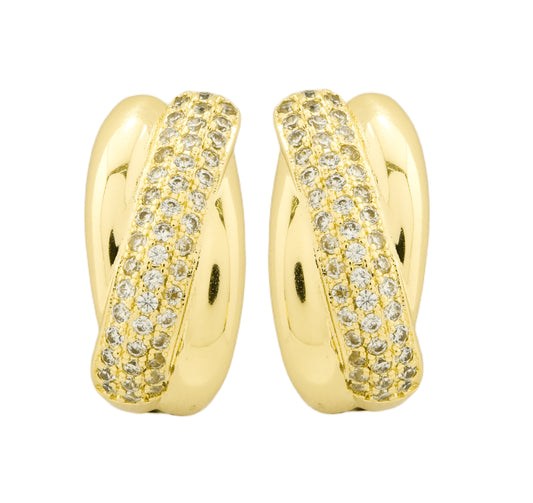 Contemporary Gold-Plated Hoop Earrings with Diamond-Like Pavé Crossover Detailing for Sophisticated Glamour