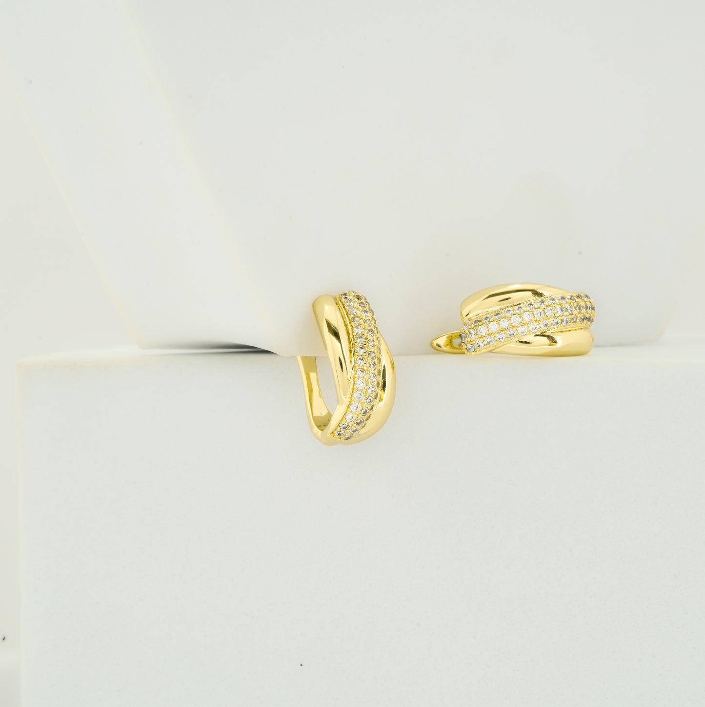 Contemporary Gold-Plated Hoop Earrings with Diamond-Like Pavé Crossover Detailing for Sophisticated Glamour