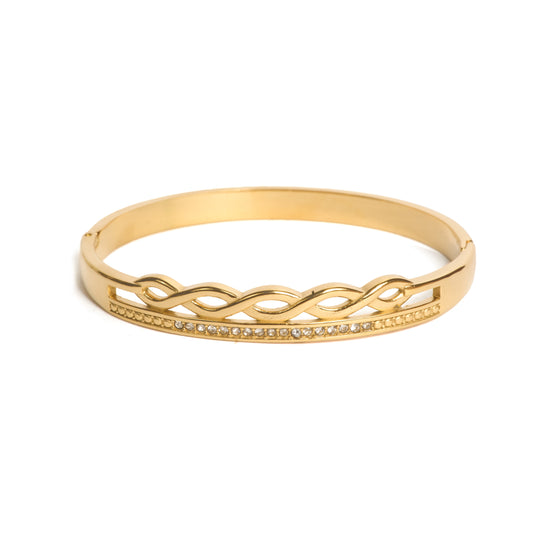 Golden Serpentine Stone Bracelet | Gold-Tone Half-Braided Bangle with Intertwined Rope Design & Micro-Pavé CZ Row | Elegant Everyday & Festive Bracelet