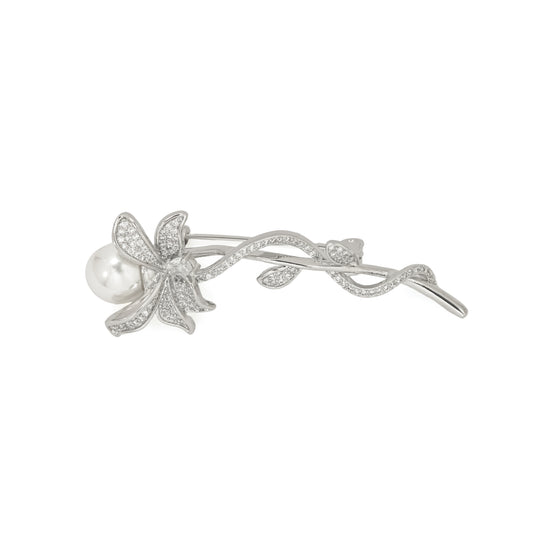 Pave Flower Vine Bar Brooch | Silver Tone Floral Brooch with CZ Pave Flower, Leafy Vine and Pearl Center | Elegant Bridal and Festive Statement Pin