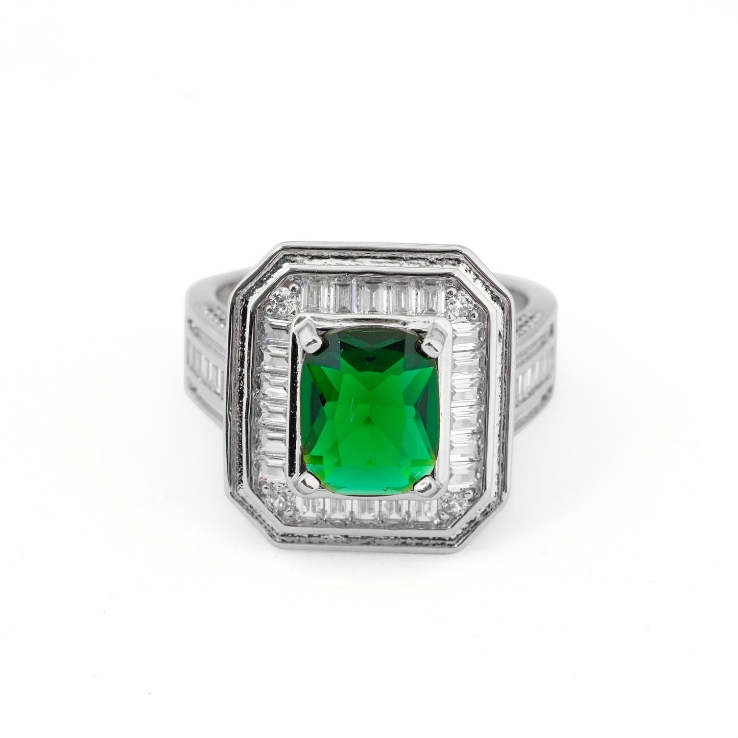 Silver Finish Green Emerald Stone Ring for Women with Rectangular Design and Diamond Look Baguette Studded Border | Stylish Statement Fashion Jewelry for Wedding, Party, and Special Occasions