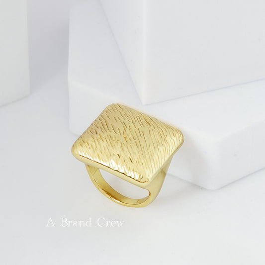 Gold Finish Textured Square Cocktail Ring with Bold Geometric Design | Statement Fashion Jewelry