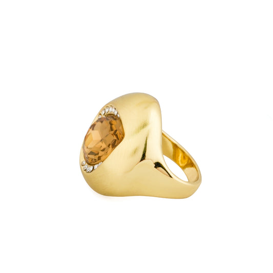 Gold Finish Cocktail Ring for Women with Yellow Oval Cabochon Stone, Smooth Dome Design and Statement Bold Look | Fashion Jewelry for Party, Wedding and Special Occasions