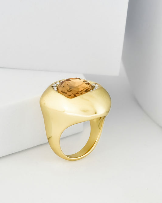 Gold Finish Cocktail Ring for Women with Yellow Oval Cabochon Stone, Smooth Dome Design and Statement Bold Look | Fashion Jewelry for Party, Wedding and Special Occasions