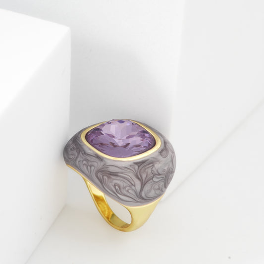 Purple Stone Ring with Artistic Grey Textured Detailing | Statement Cocktail Jewelry for Women with Contemporary Luxury Appeal