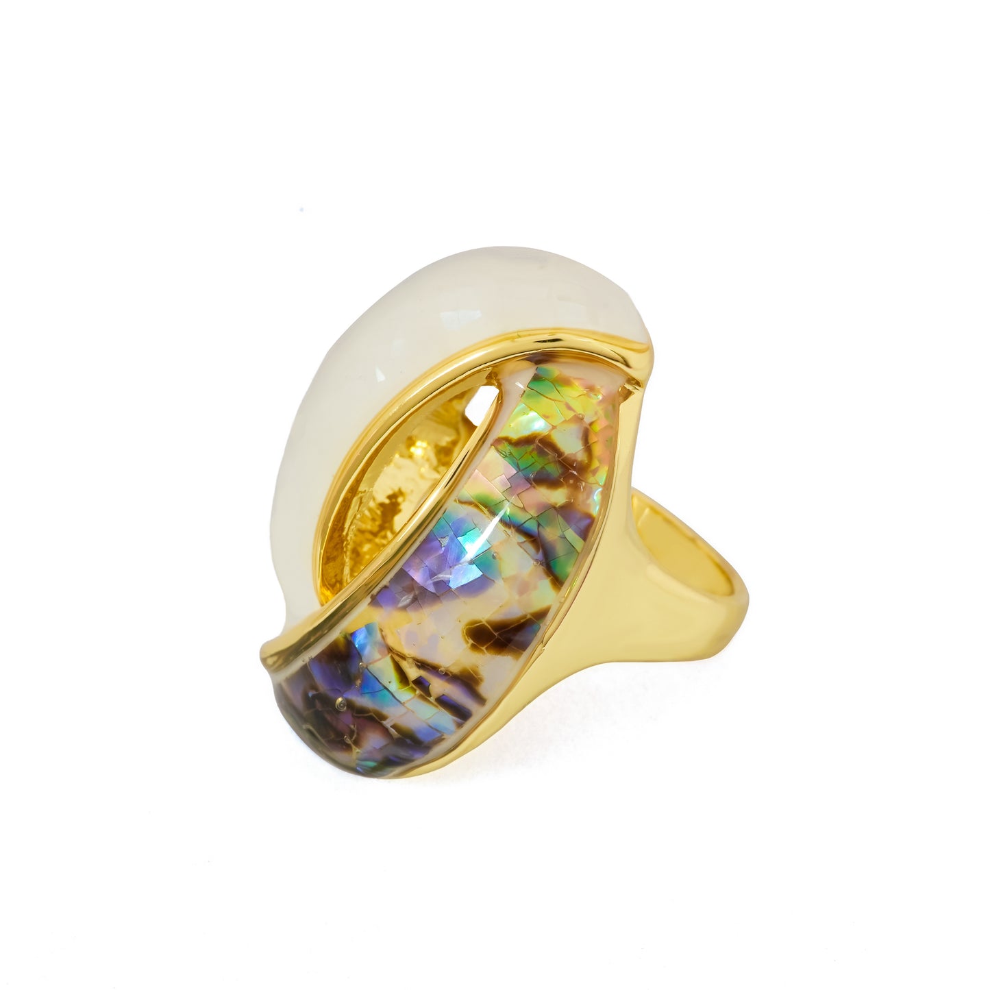 Gold Plated Statement Ring for Women with White Stone and Multicolor Abalone Shell Design | Trendy Fashion Jewelry for Party, Wedding and Daily Wear