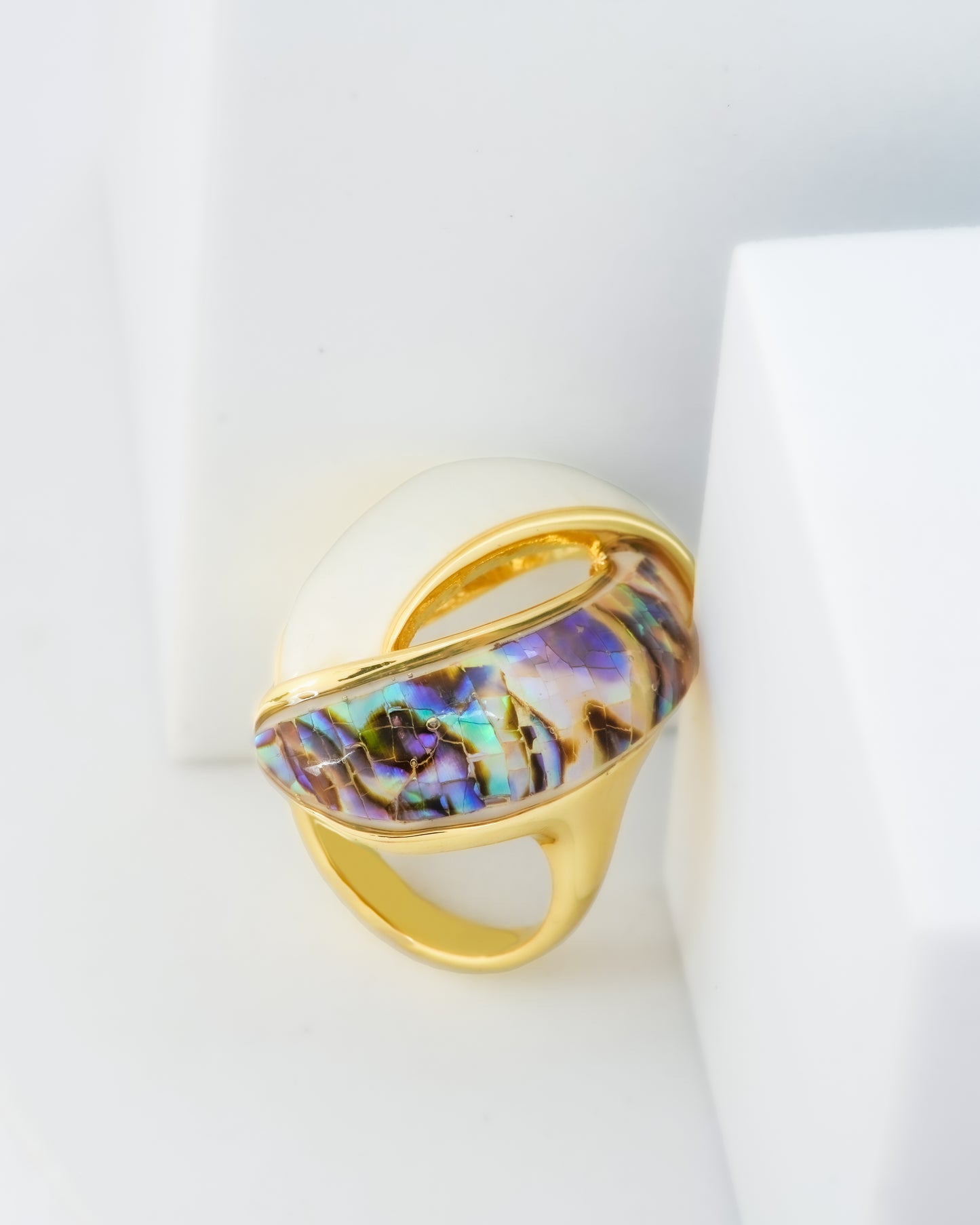 Gold Plated Statement Ring for Women with White Stone and Multicolor Abalone Shell Design | Trendy Fashion Jewelry for Party, Wedding and Daily Wear