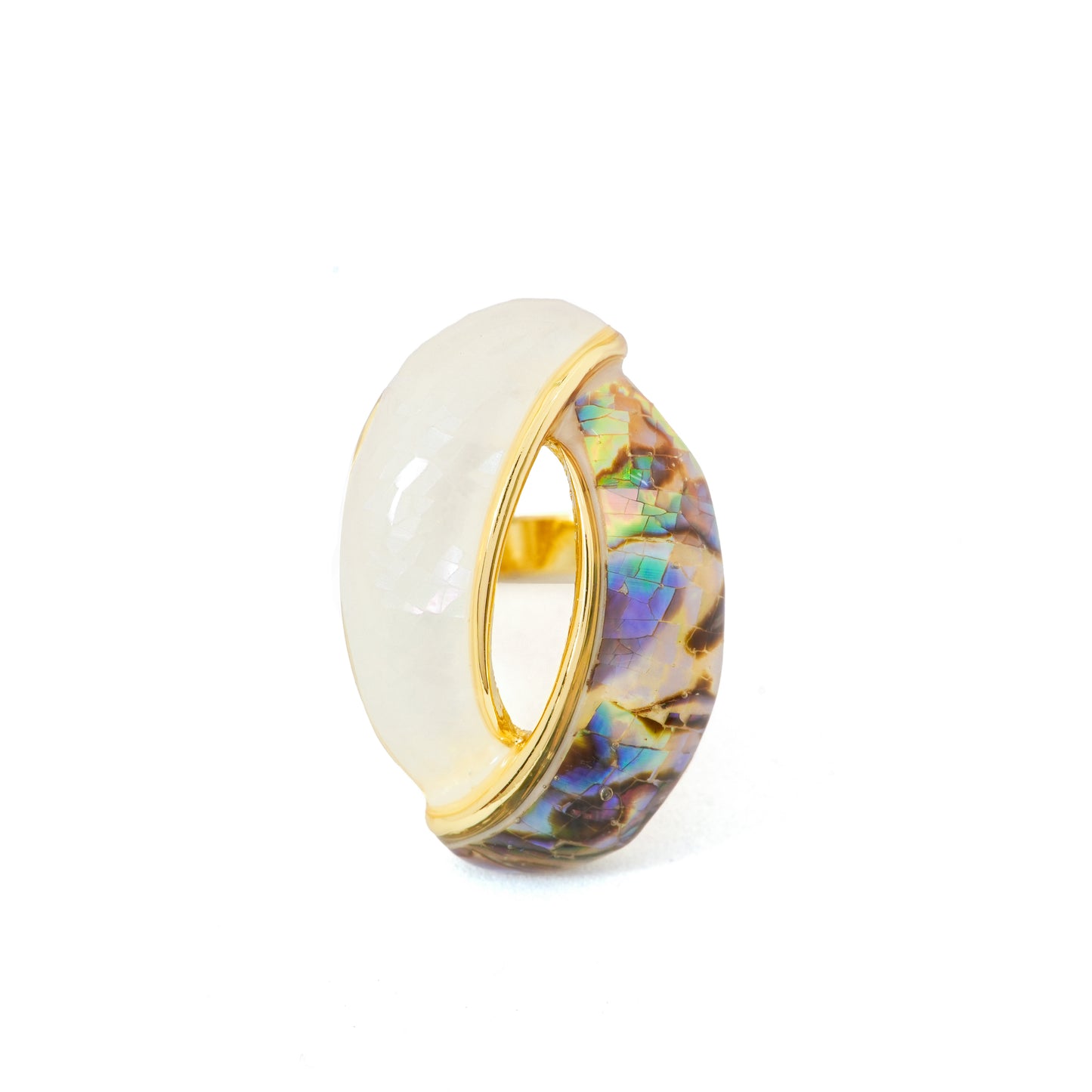 Gold Plated Statement Ring for Women with White Stone and Multicolor Abalone Shell Design | Trendy Fashion Jewelry for Party, Wedding and Daily Wear