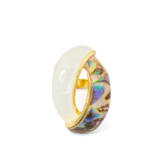 Gold Plated Statement Ring for Women with White Stone and Multicolor Abalone Shell Design | Trendy Fashion Jewelry for Party, Wedding and Daily Wear