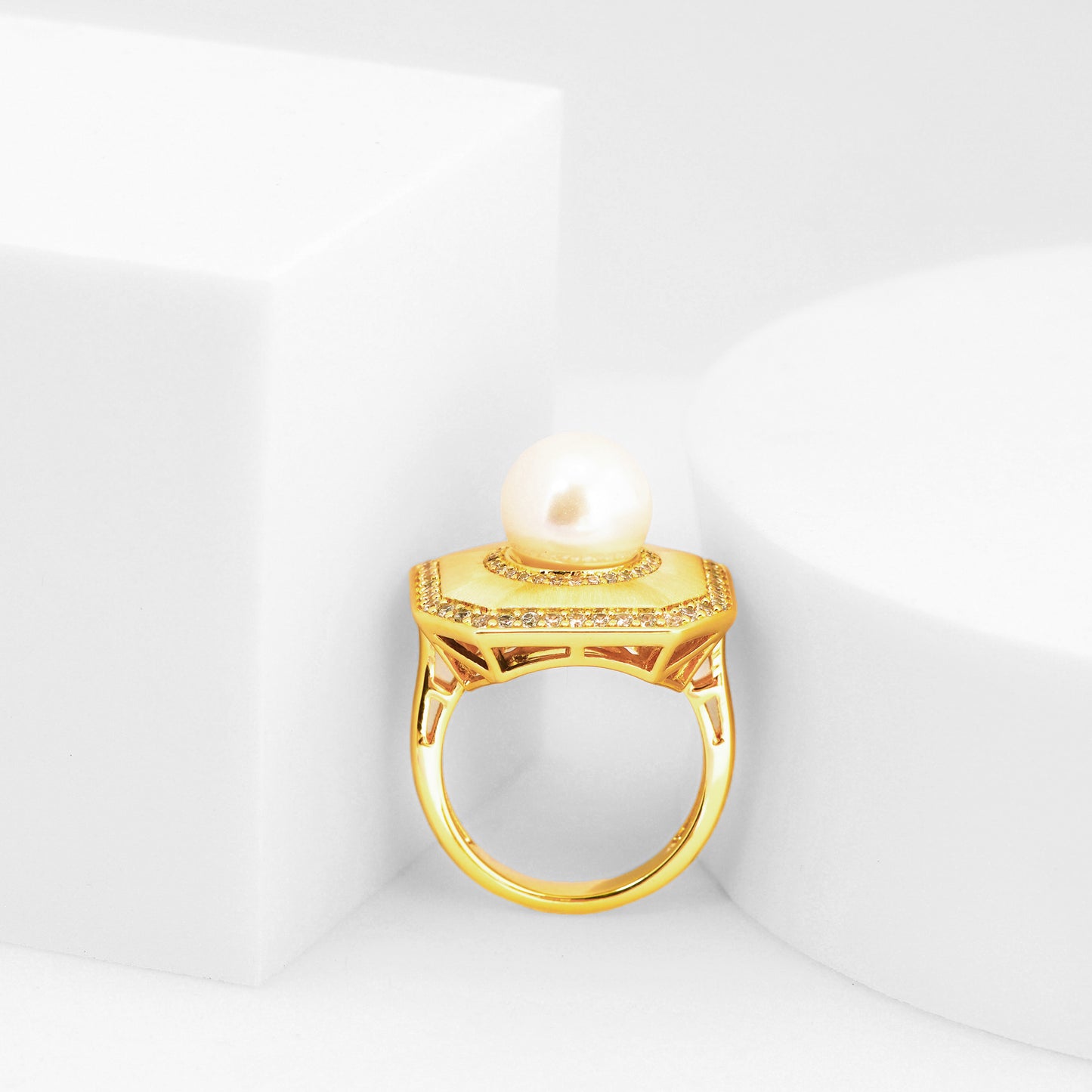 Gold Finish Pearl Statement Ring for Women with Octagon Design and Diamond Look Border | Fashion Jewelry for Wedding, Party, Engagement and Festive Wear