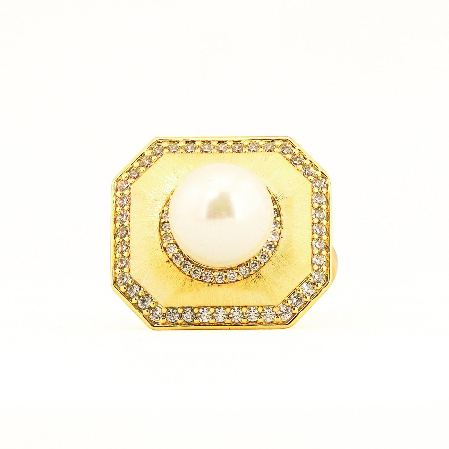 Gold Finish Pearl Statement Ring for Women with Octagon Design and Diamond Look Border | Fashion Jewelry for Wedding, Party, Engagement and Festive Wear