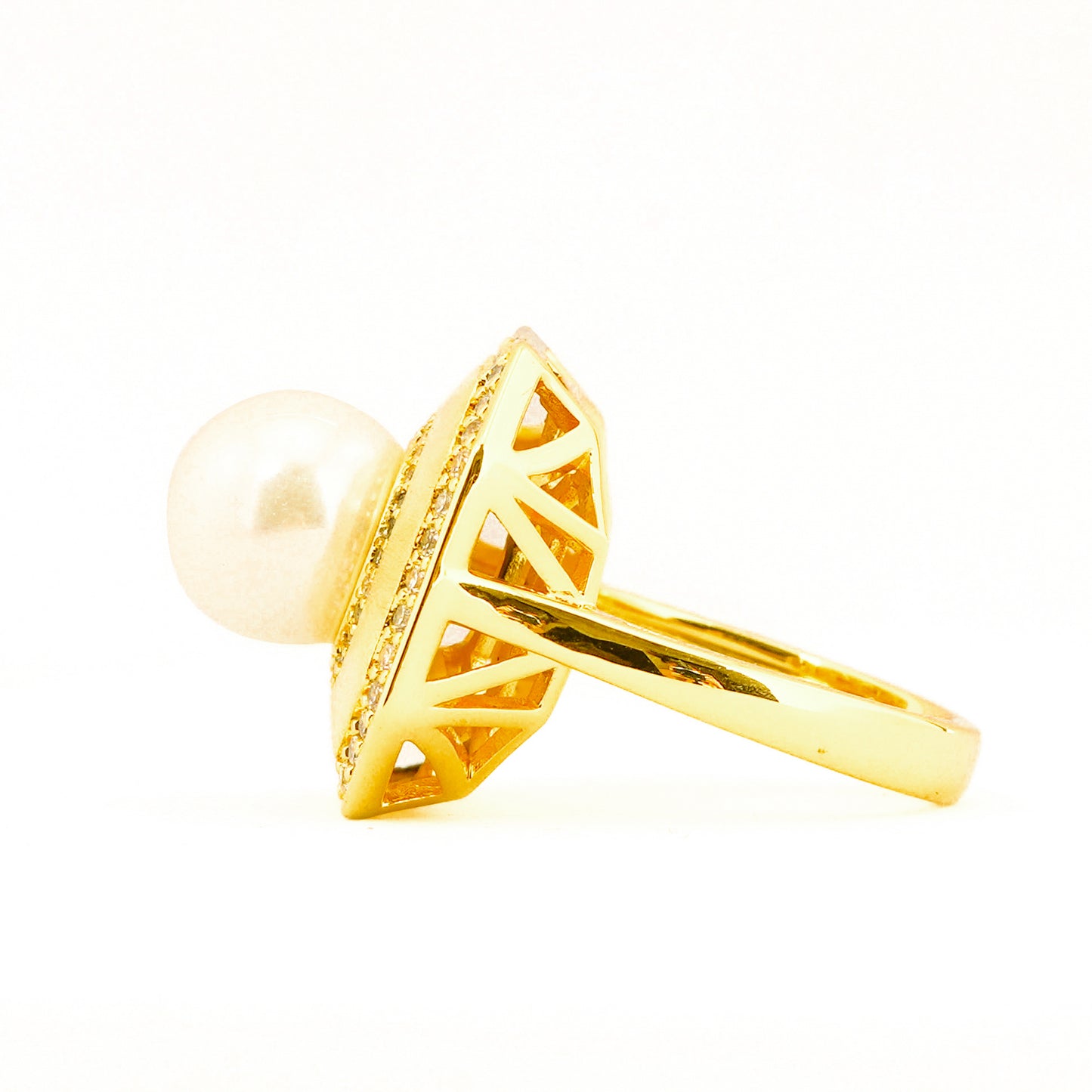 Gold Finish Pearl Statement Ring for Women with Octagon Design and Diamond Look Border | Fashion Jewelry for Wedding, Party, Engagement and Festive Wear